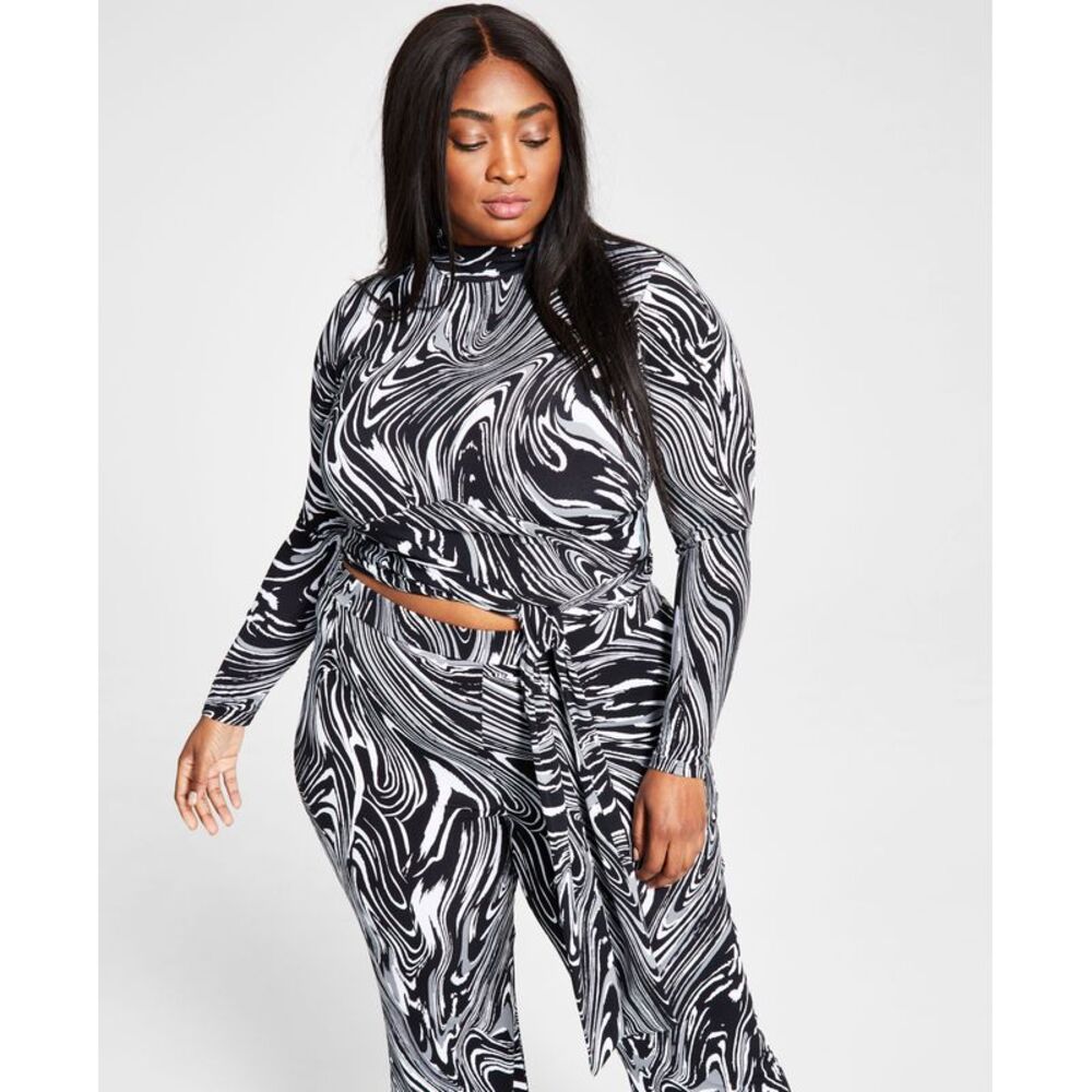 Bar III Trendy Plus Size Long Sleeved Printed Wrap Around Top